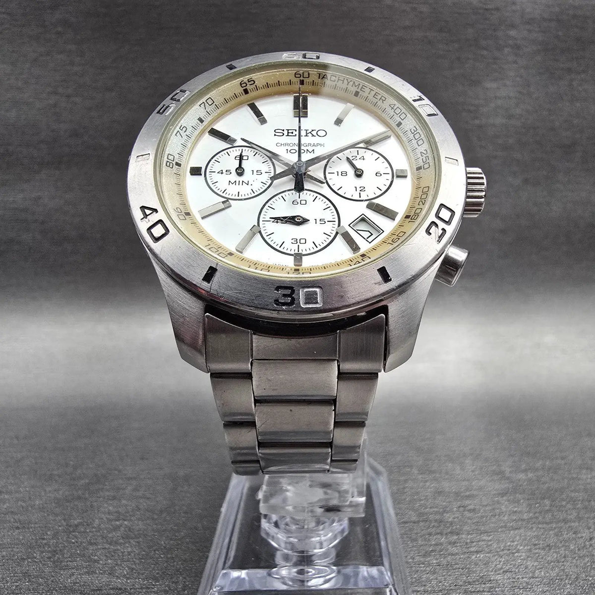 Seiko Chronograph Watch Men 43mm Silver Dial Silver Date 6T63-00E0 New Batt5