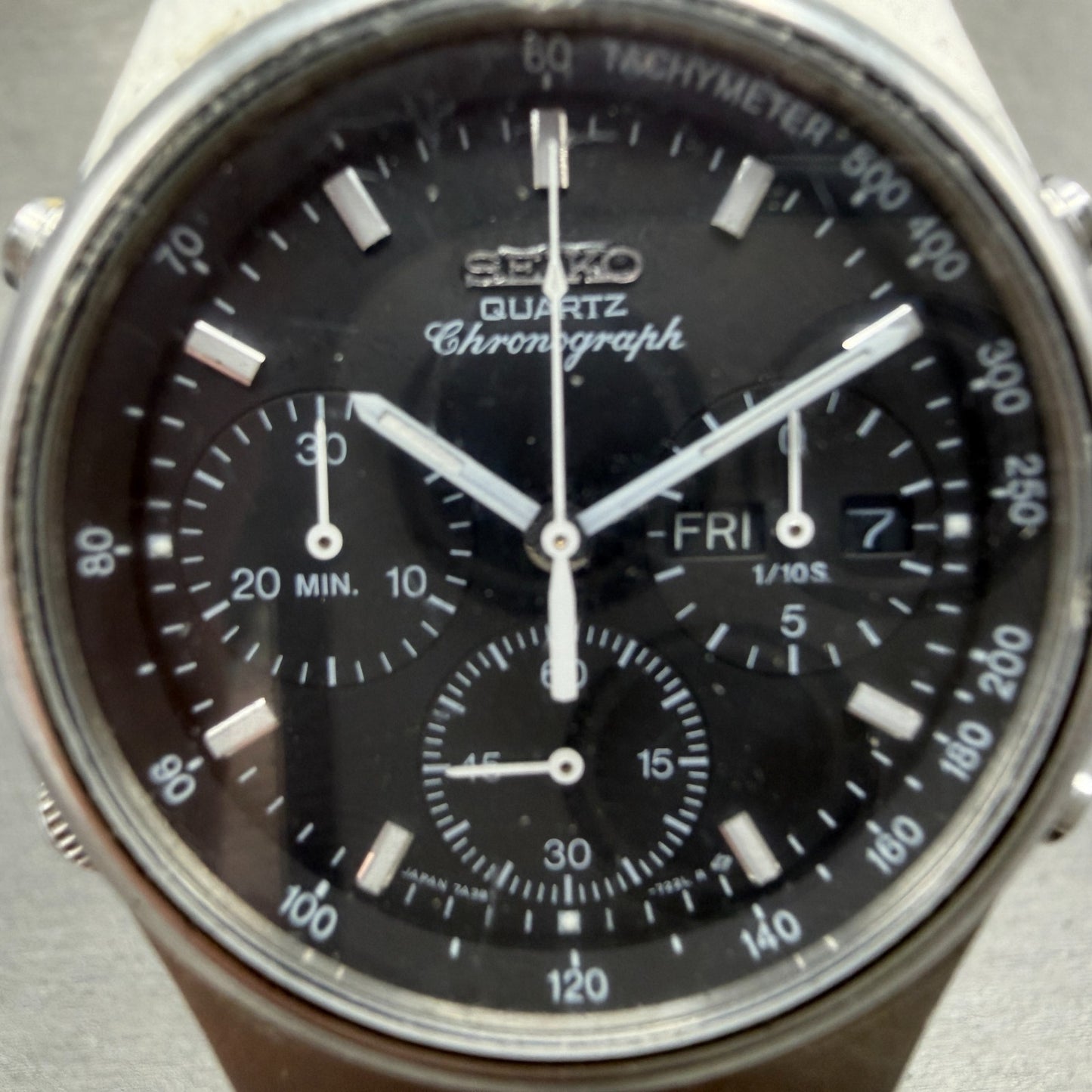 Seiko Chronograph Watch Men 37mm Black Dial Steel Daydate 7A38-7270 New Battery1