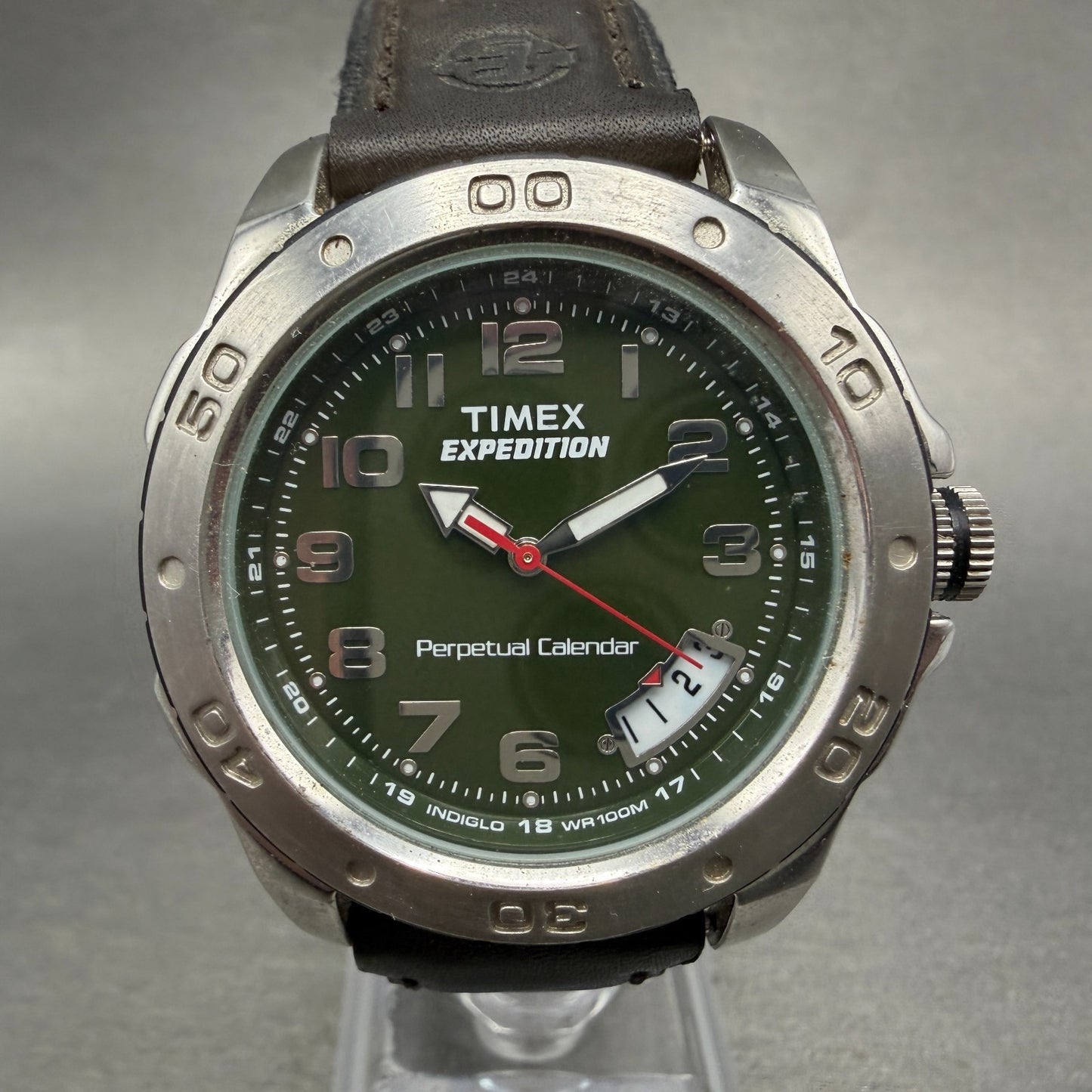 Timex Expedition Perpetual Calendar Watch Men 41mm Green Dial Silver Date NewBat0
