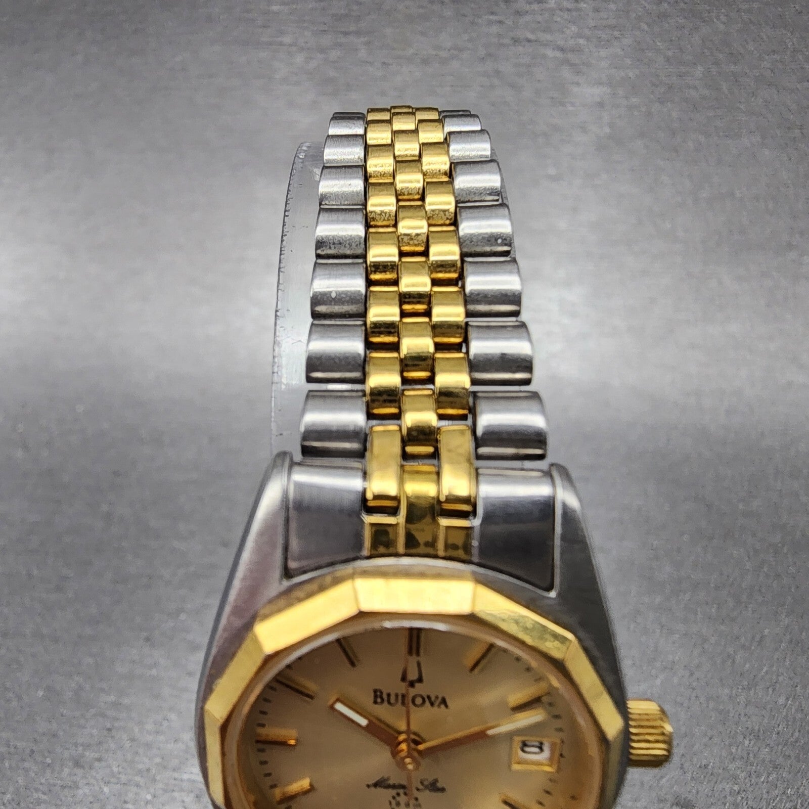 Bulova Marine Star Watch Women 24mm Gold Dial Two Tone Date Round New Battery4