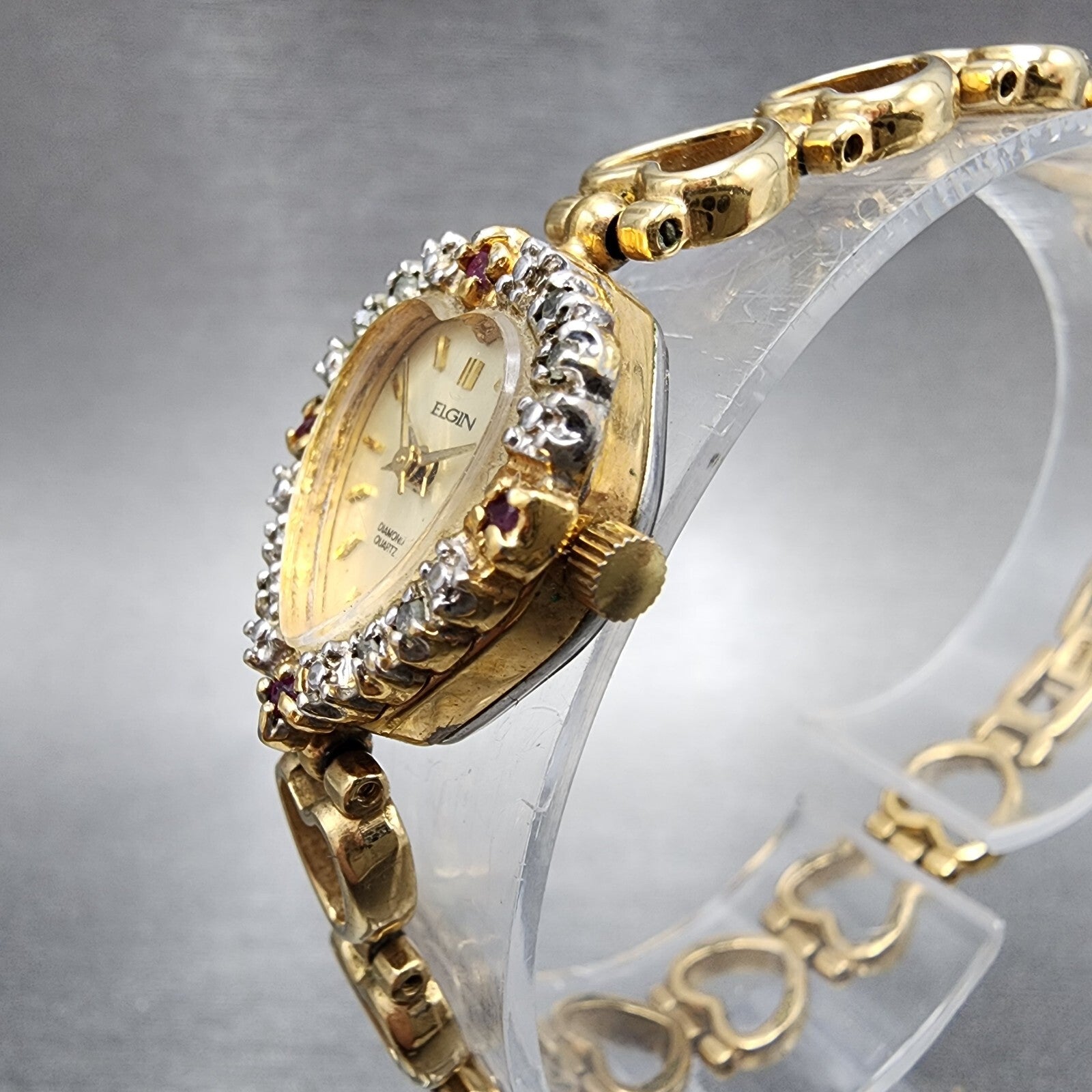 Elgin Heart Watch Women 19mm Champagne Dial Gold Tone Ruby Diamond Bezel New Bat2