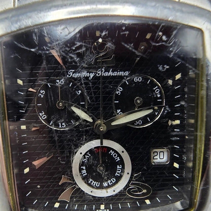 Tommy Bahama Chronograph Watch Men 38mm Black Dial Steel Daydate TB1045 NewBat F1