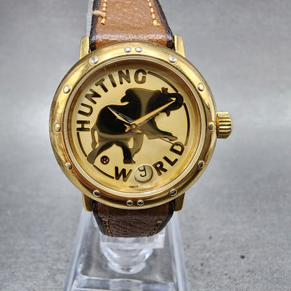 Hunting World Watch Women 27mm Gold Dial Gold Tone Date Round  New Battery0