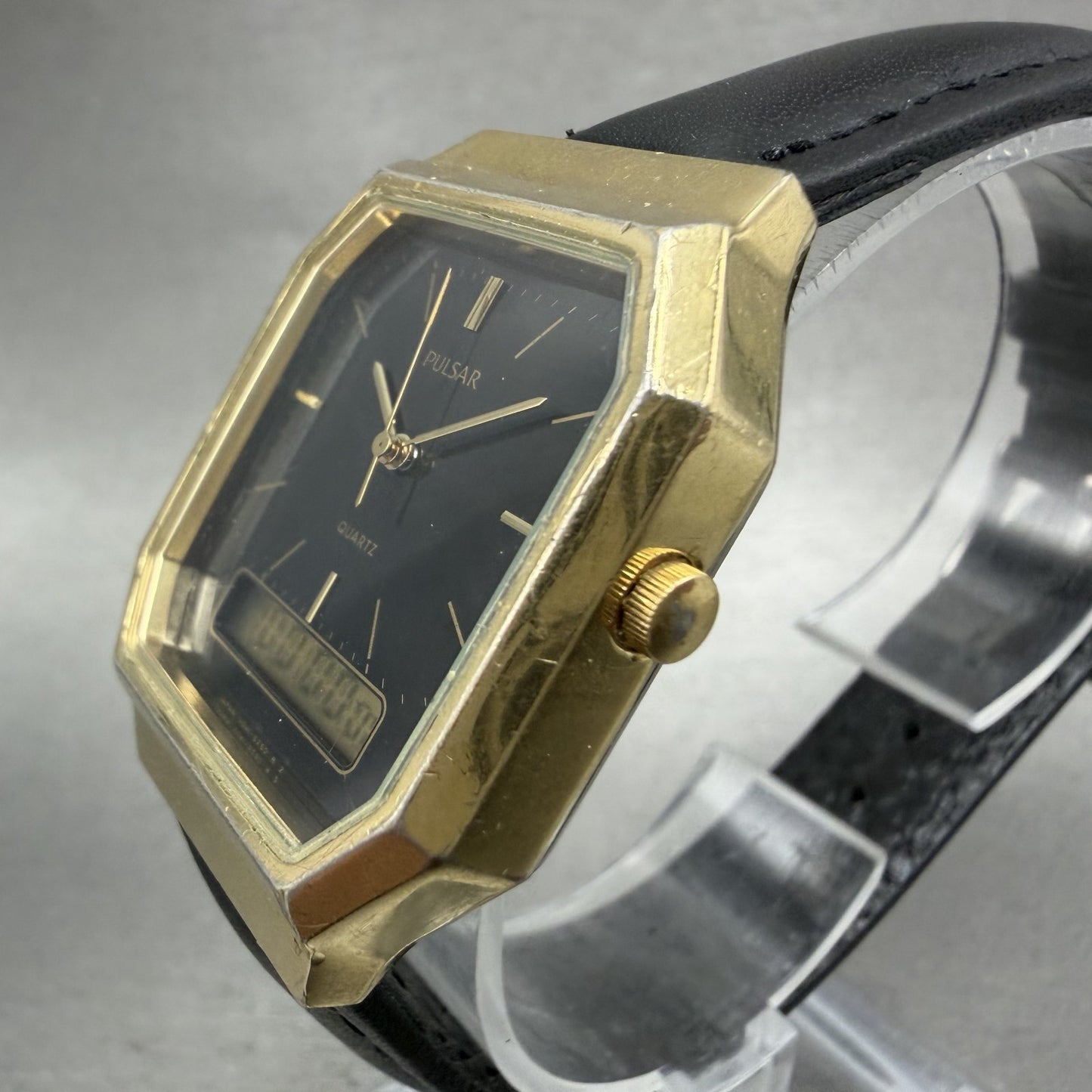 Pulsar Analog Digital Watch Men 29mm Black Dial Gold Octagon V0415180 New Batt2
