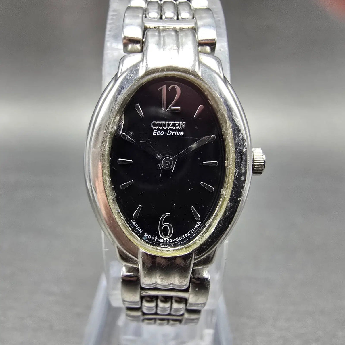 Citizen Eco-Drive Watch Women 18mm Black Dial Silver Tone Oval B023-S019117 Runs0