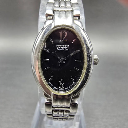 Citizen Eco-Drive Watch Women 18mm Black Dial Silver Tone Oval B023-S019117 Runs0