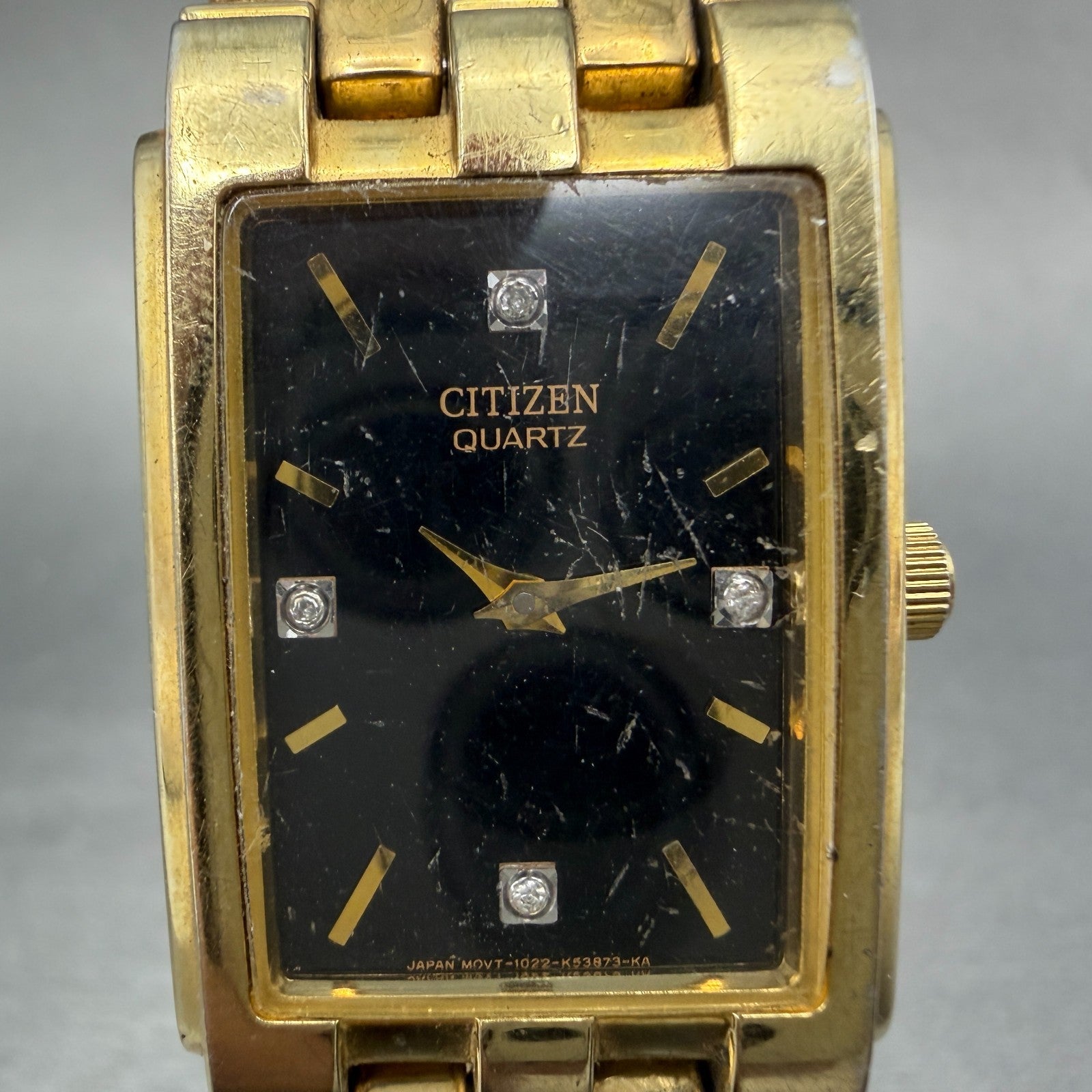 Citizen Tank Watch Men 24mm Black Dial Gold Tone 1022-K18078 New Battery 67HM1