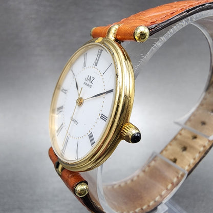 Jaz Paris Watch Women 30mm White Dial Gold Tone Round Leather Band New Battery2