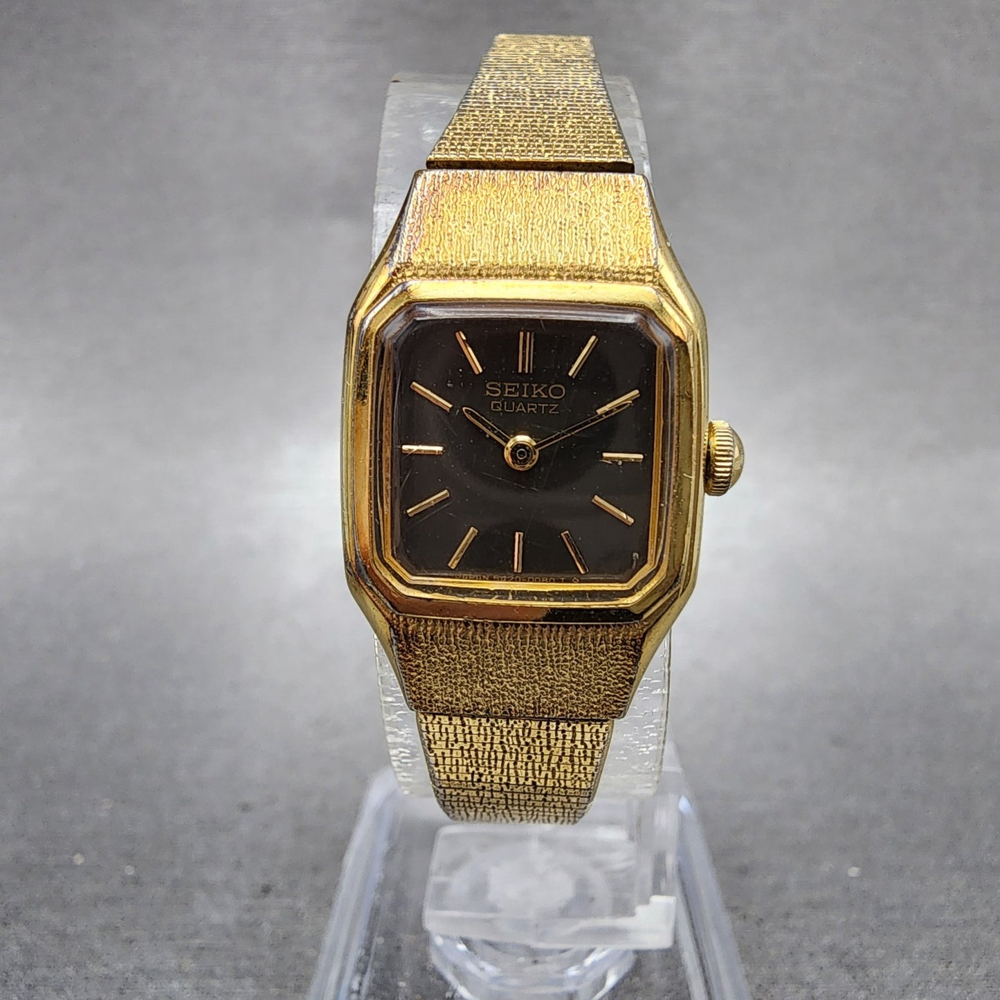 Seiko Tank Watch Women 17mm Brown Dial Gold Tone Rectangle 54205019 New Battery0