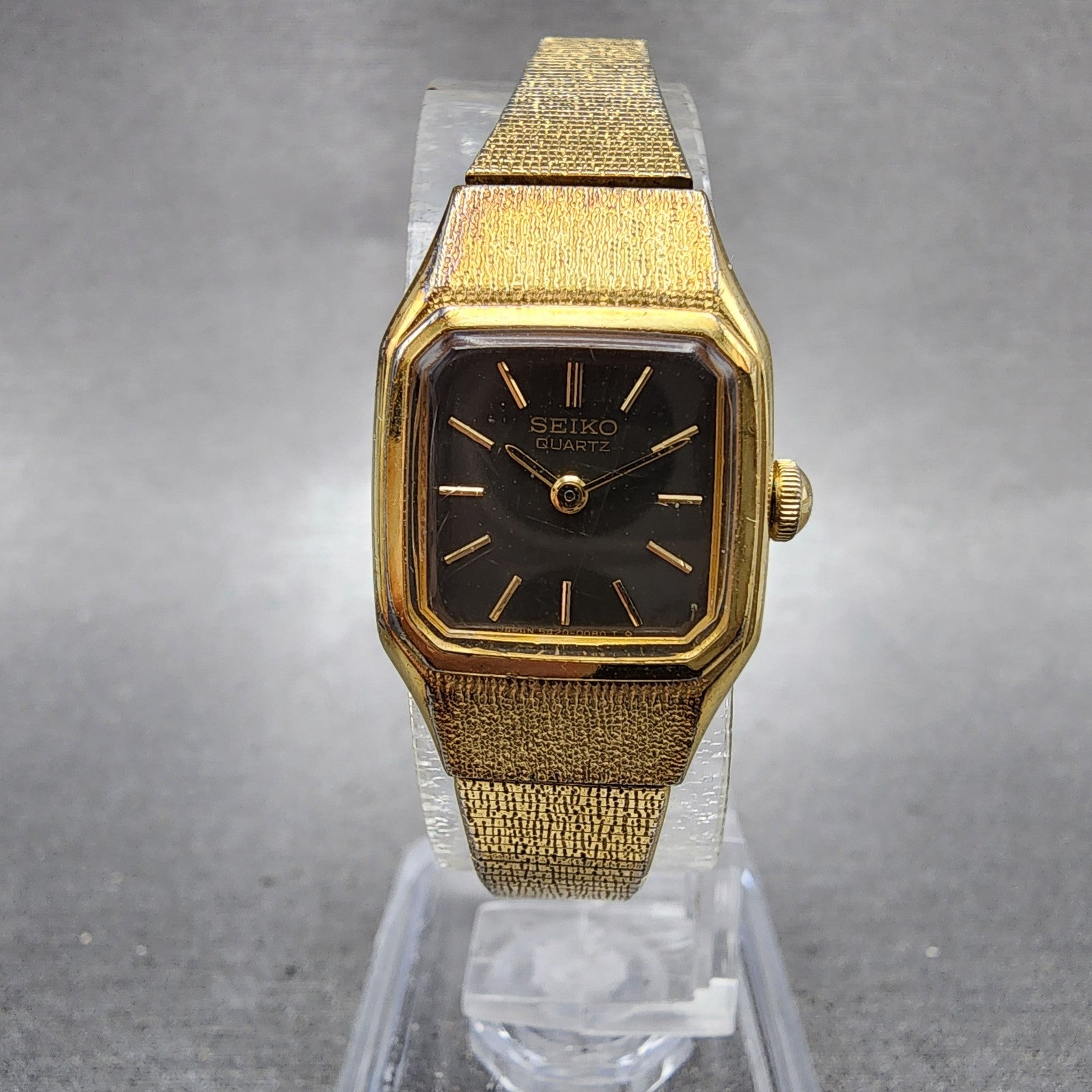 Seiko Tank Watch Women 17mm Brown Dial Gold Tone Rectangle 54205019 New Battery0
