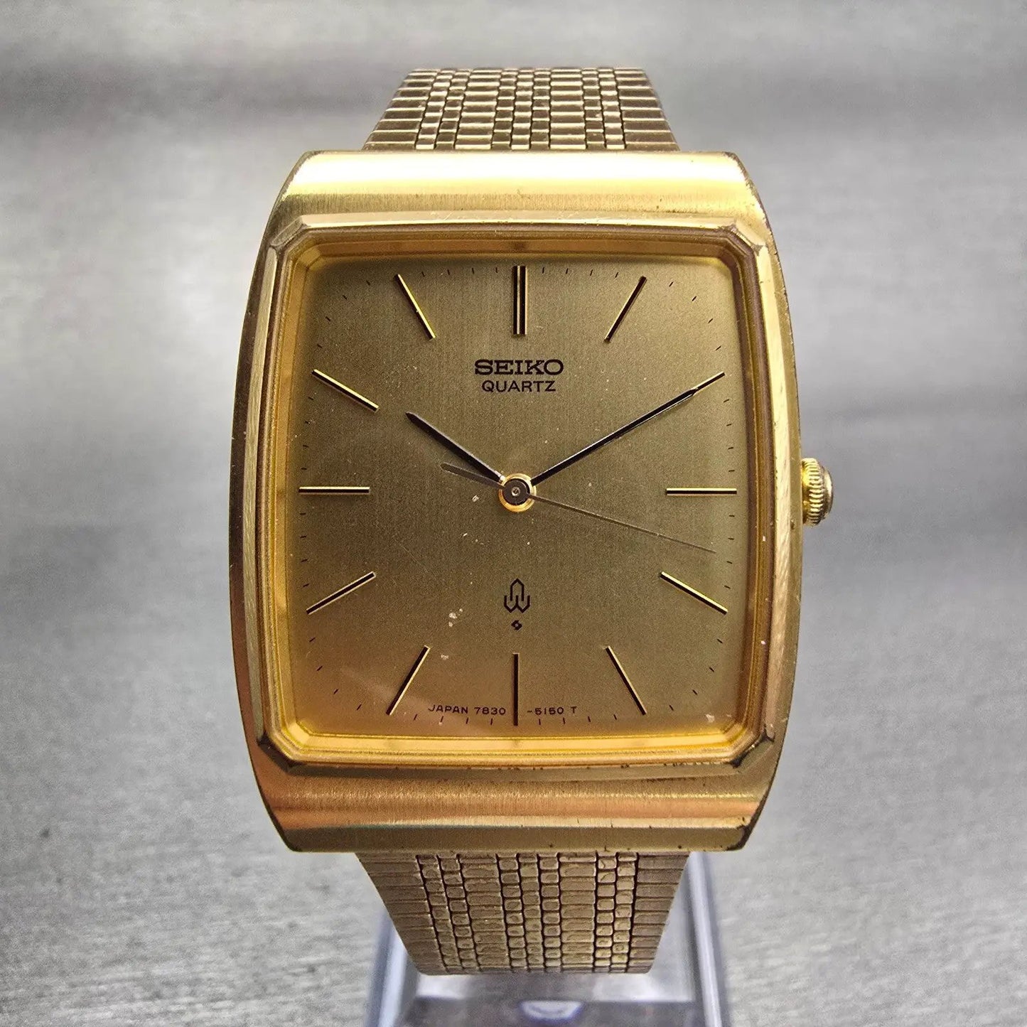 Seiko Watch Men 29mm Gold Dial Gold Tone Rectangle 7830-5150 New Battery Vintage0