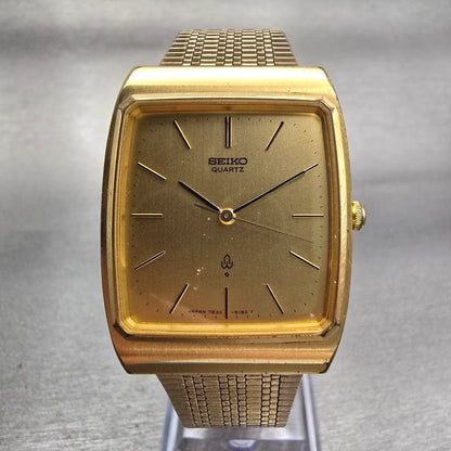 Seiko Watch Men 29mm Gold Dial Gold Tone Rectangle 7830-5150 New Battery Vintage0