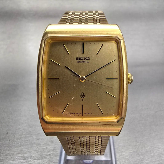 Seiko Watch Men 29mm Gold Dial Gold Tone Rectangle 7830-5150 New Battery Vintage0