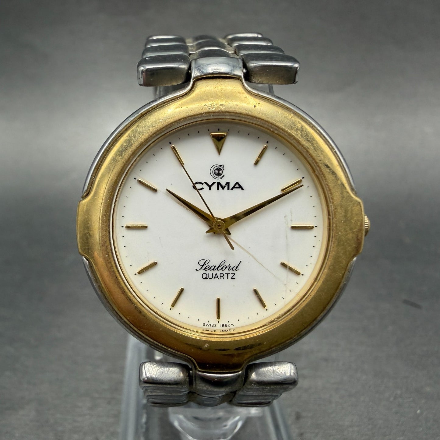 Cyma Sealord Watch Men 31mm White Dial Two Tone Round 304 New Battery VTG0