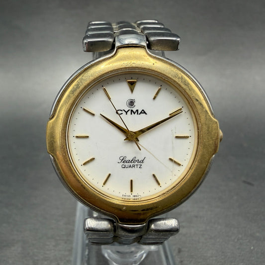 Cyma Sealord Watch Men 31mm White Dial Two Tone Round 304 New Battery VTG0