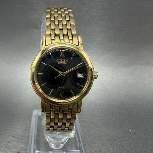 Citizen Watch Women 24mm Black Dial Gold Tone Date Round 1012S038562 New Batt0