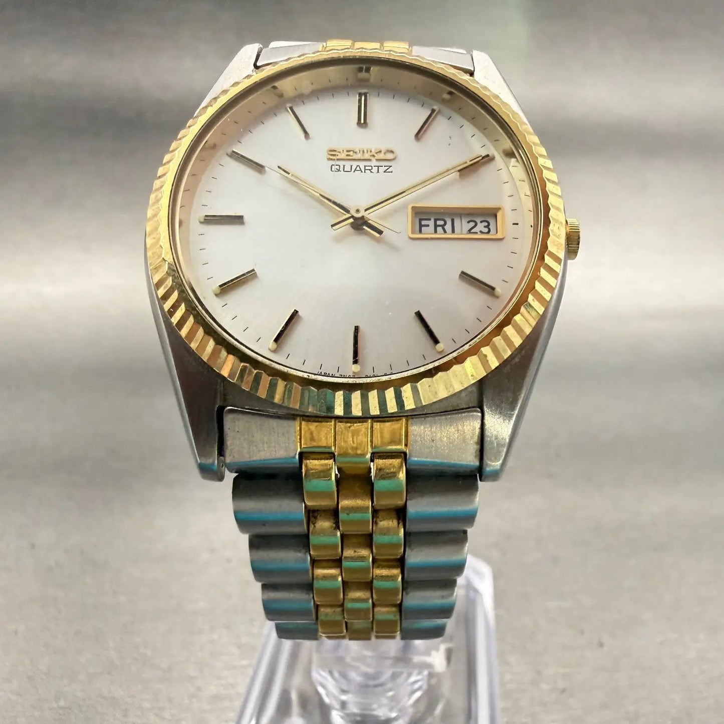 Seiko President Watch Men 35mm Silver Dial Two Tone Daydate 7N43-8119 New Batt5
