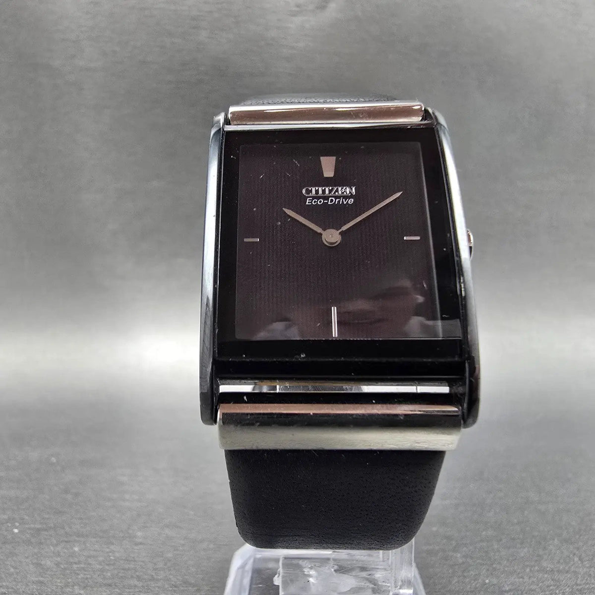 Citizen Eco-Drive Tank Watch Men 26mm Black Dial Black Tone Leather Band Runs JP5