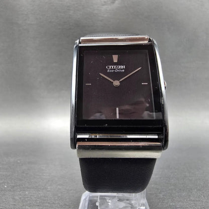 Citizen Eco-Drive Tank Watch Men 26mm Black Dial Black Tone Leather Band Runs JP5