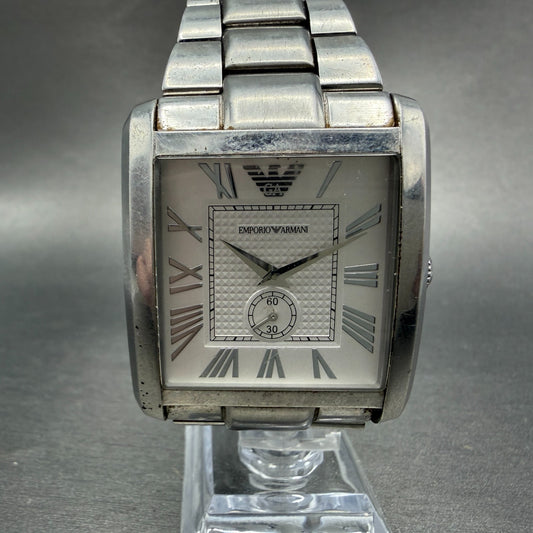 Emporio Armani Tank Watch Men 37mm Silver Dial Silver Tone Rectangle New Battery0