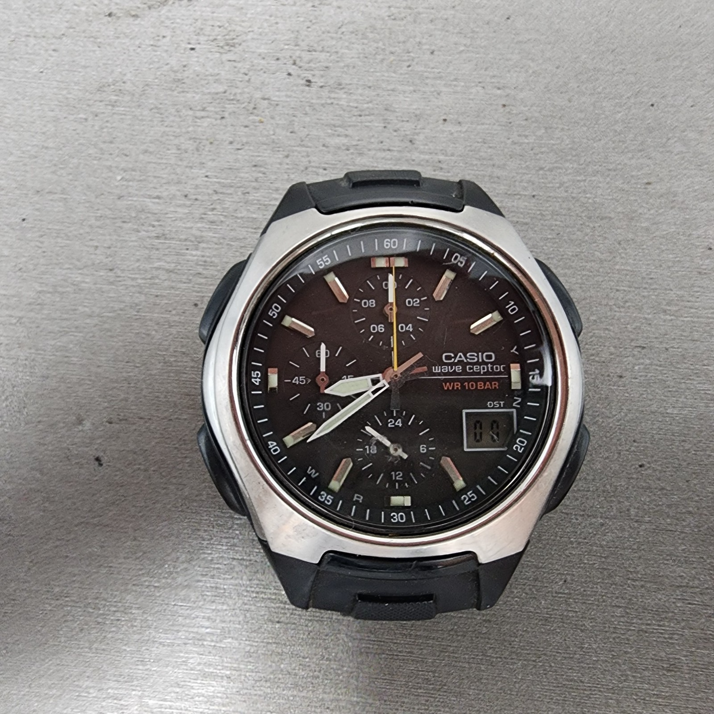 Casio Wave Ceptor Watch Men 43mm Black Dial Black Tone Analog Digital Solar Runs0