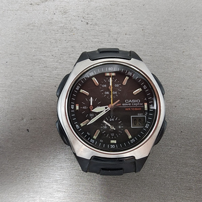 Casio Wave Ceptor Watch Men 43mm Black Dial Black Tone Analog Digital Solar Runs0