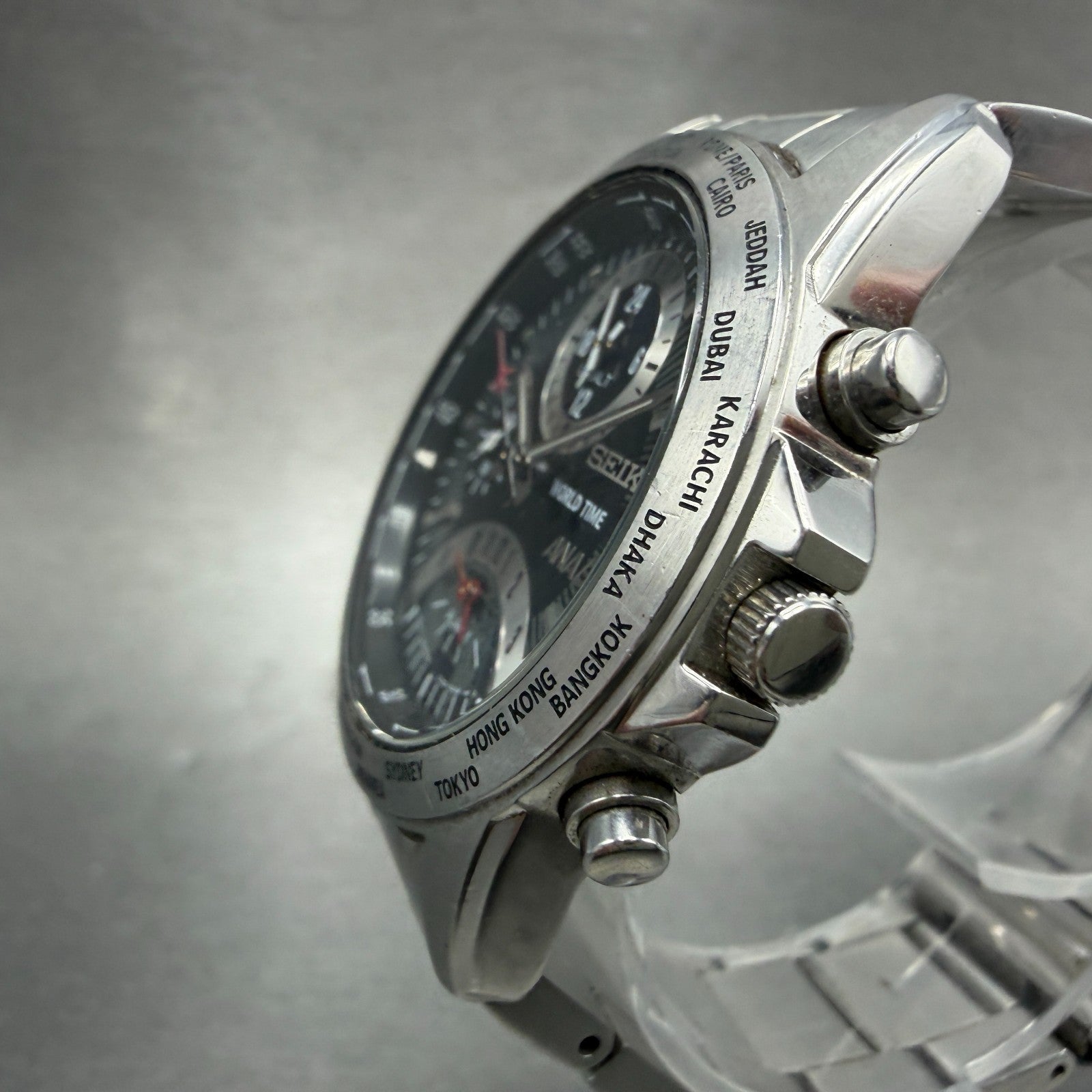 Seiko World Time ANA Watch Men 38mm Black Dial Silver Tone Date Alarm NewBattery2