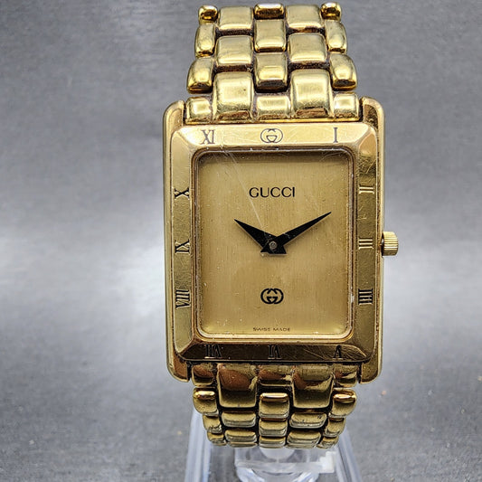 Gucci 4200m Tank Watch Men 24mm Gold Dial Gold Plated Rectangle New Battery VTG0