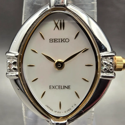 Seiko Exceline Watch Women 19mm MOP Dial Silver Tone Gemmed 1F20-6B60 New Batt1
