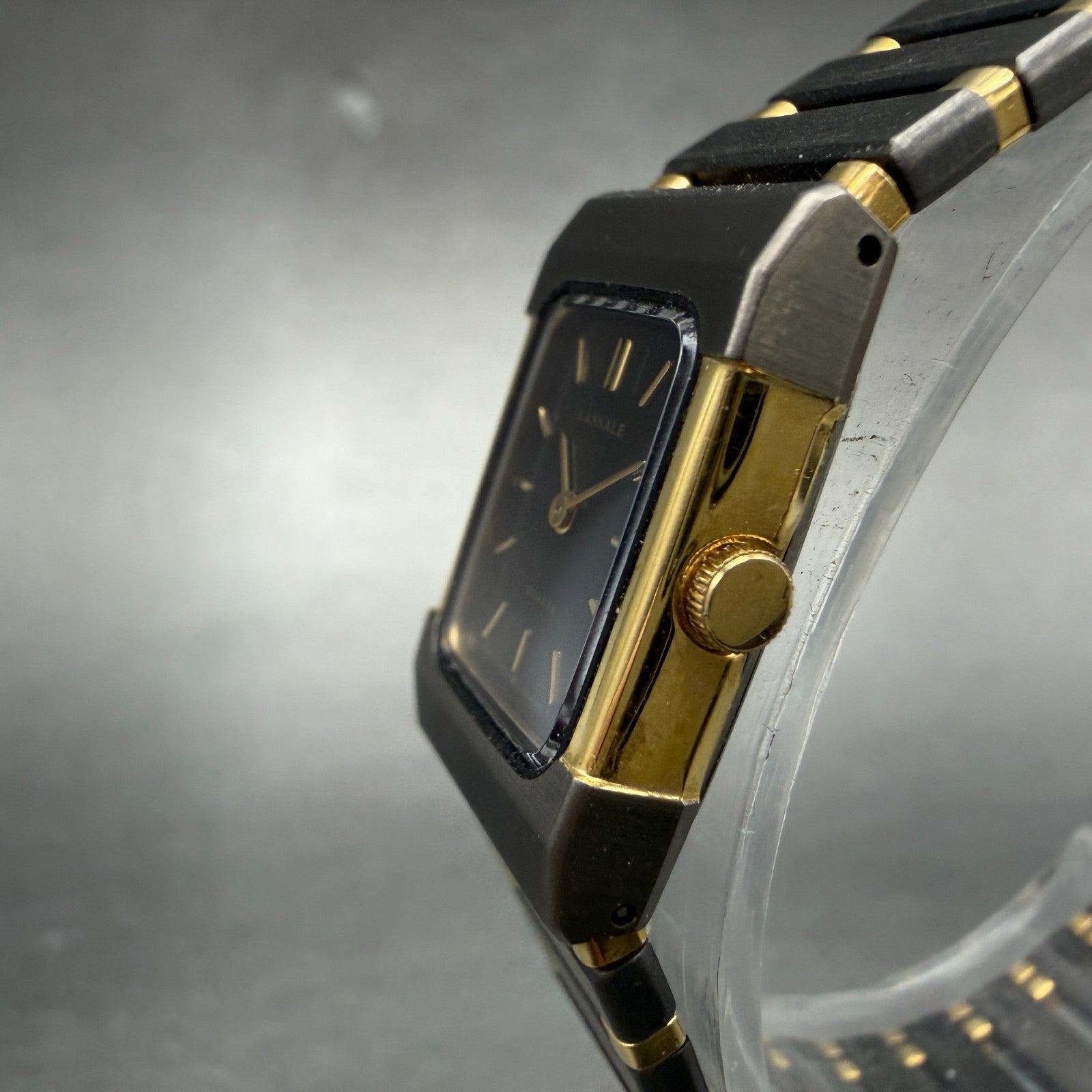Seiko Lassale Tank Watch Women 16mm Black Dial Gray & Gold Rectangle 1E50 NOS2