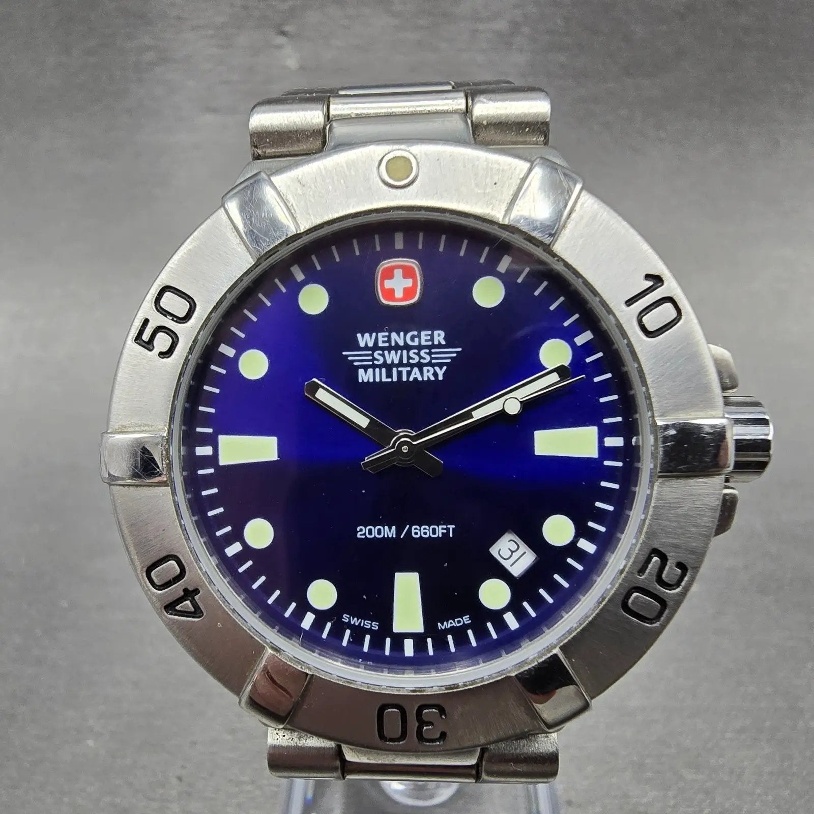 Wenger Swiss Military Dive Watch Men 41mm Blue Dial Silver Tone Date 79178 PARTS0