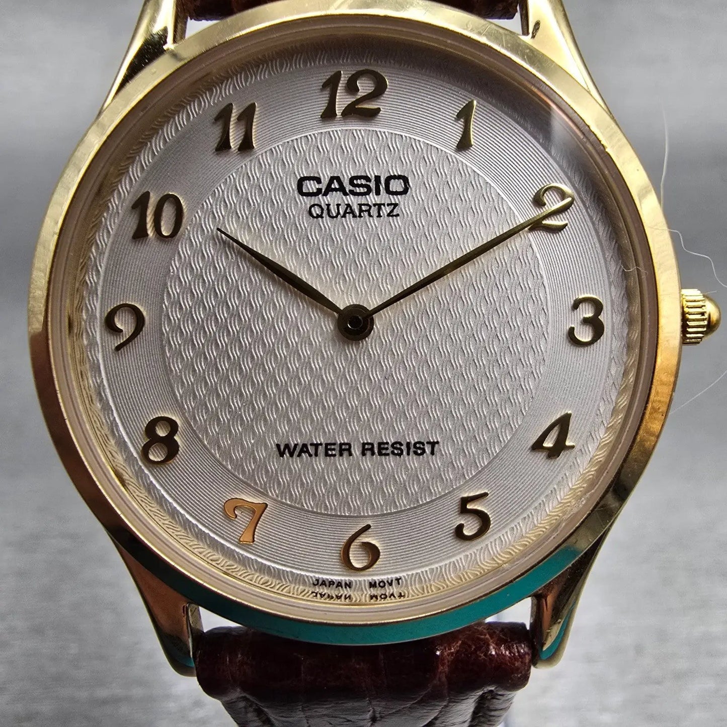 Casio Watch Men 34mm White Dial Gold Tone Round Leather Band MTP-1080 New Batt1