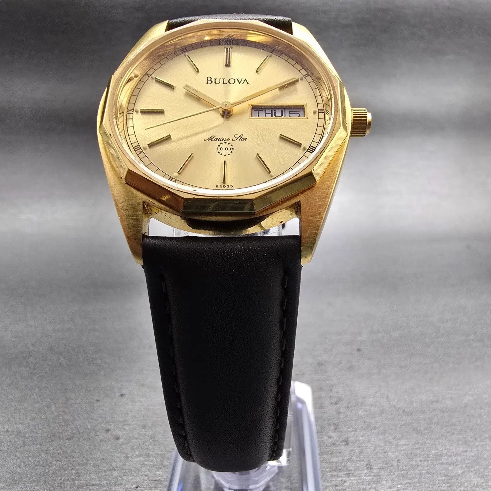 Bulova Marine Star Watch Men 34mm Gold Dial Gold Tone Daydate 92D25 New Battery5