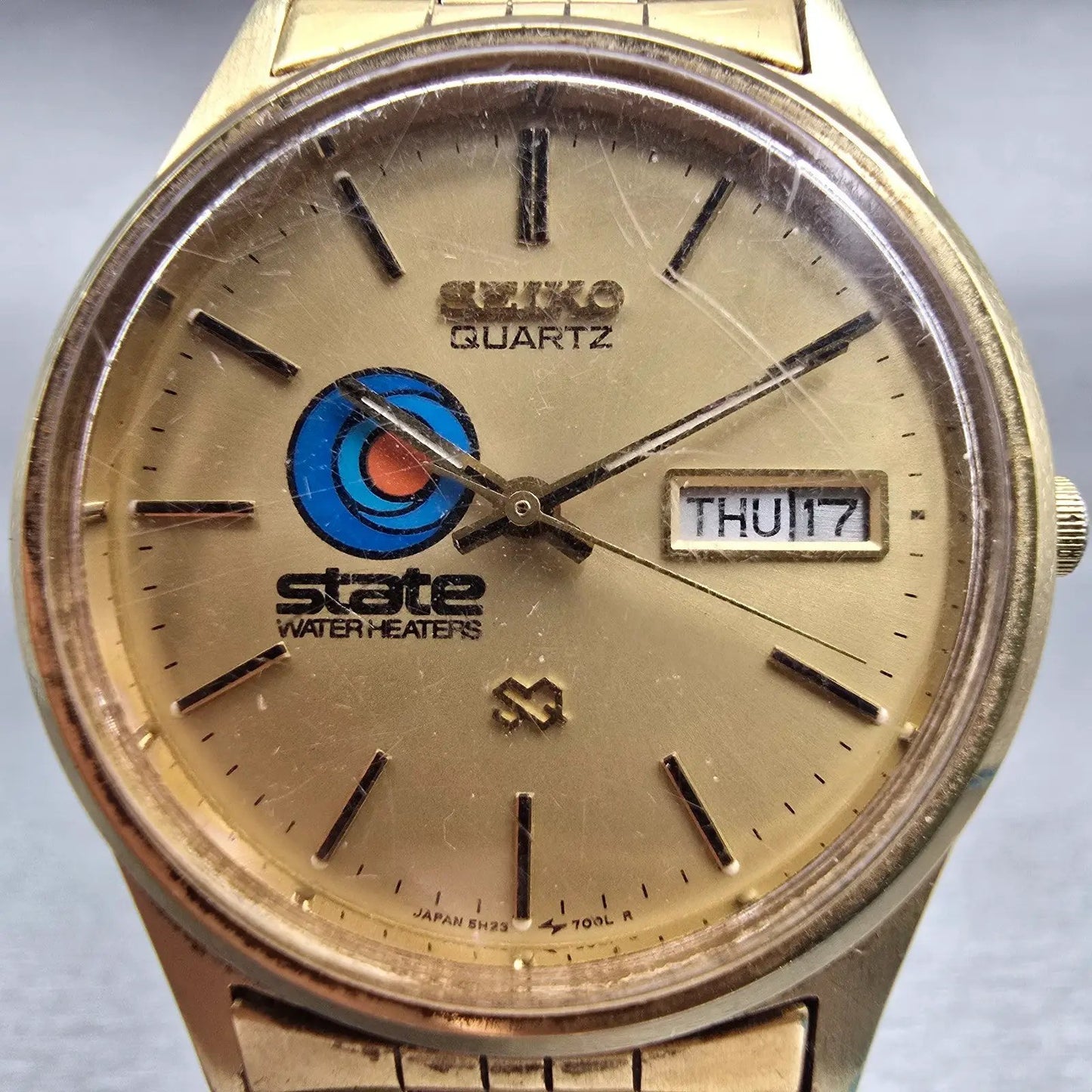 Seiko SQ Watch Men 34mm Gold Dial Gold Tone Daydate Round 5H23-7009 New Battery1