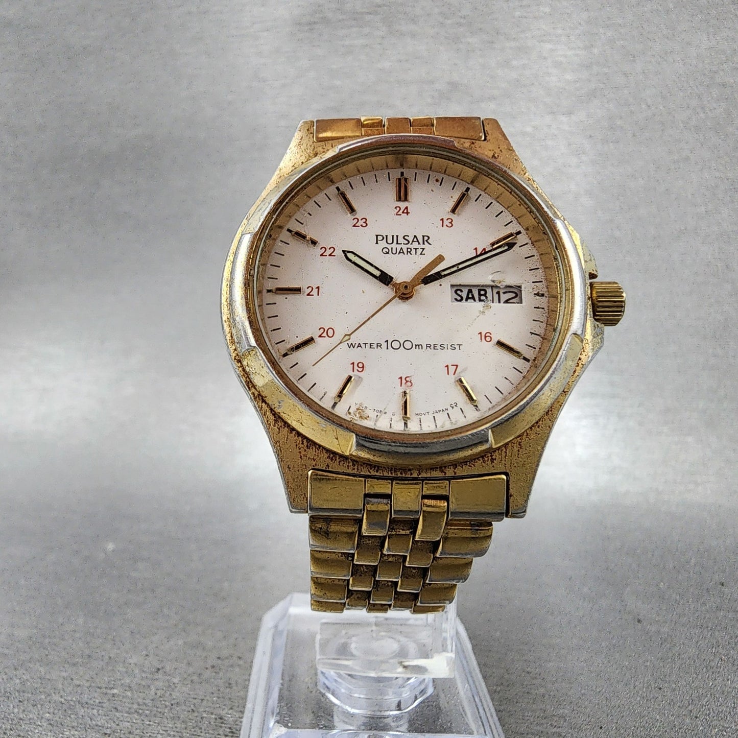 Pulsar Watch Men 37mm White Dial Gold Tone Daydate Round Y1487060 New Battery6