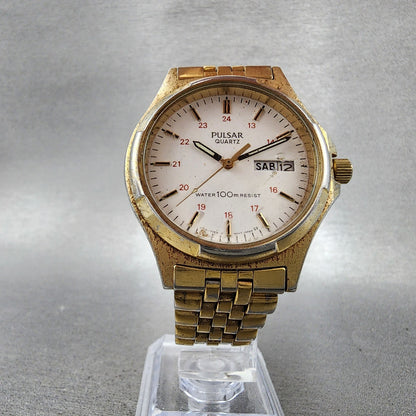 Pulsar Watch Men 37mm White Dial Gold Tone Daydate Round Y1487060 New Battery6