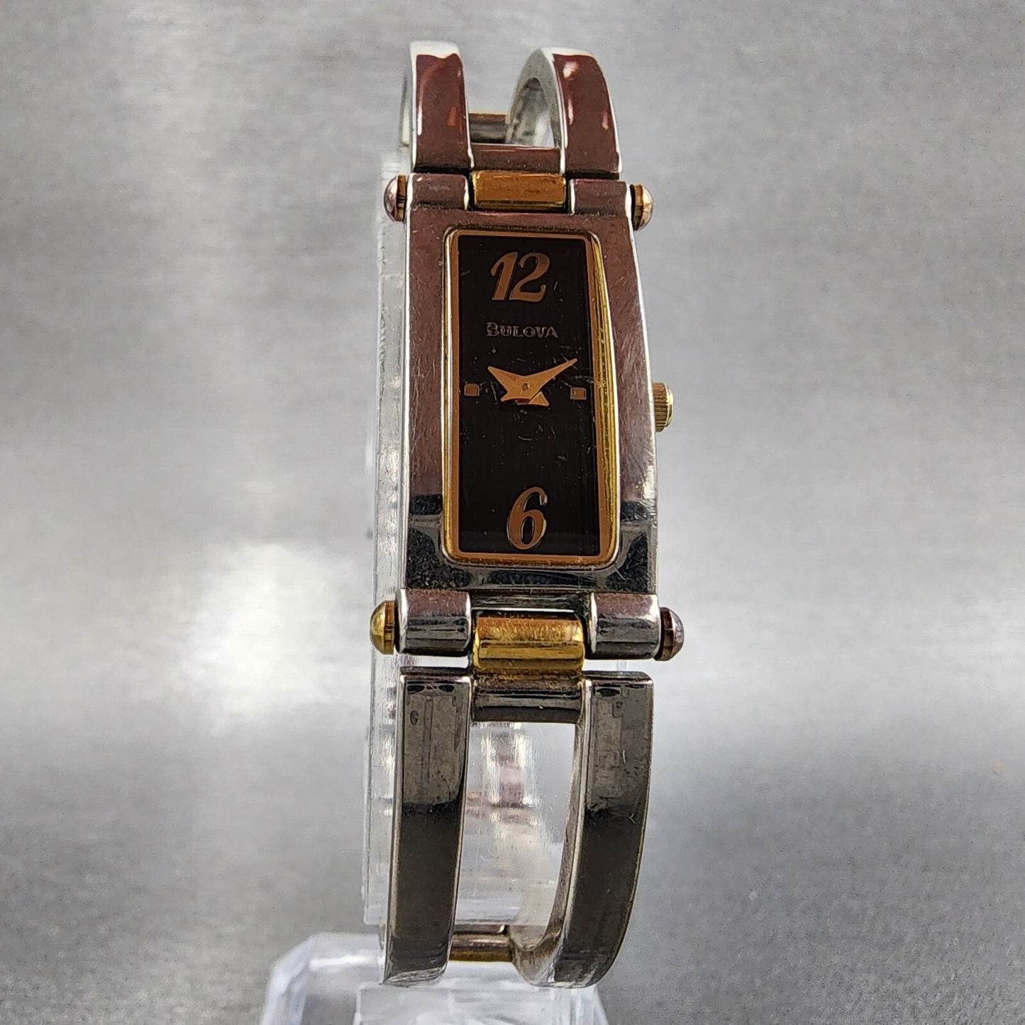 Bulova Watch Women 14mm Black Dial Two Tone Rectangle 98T18 New Battery5