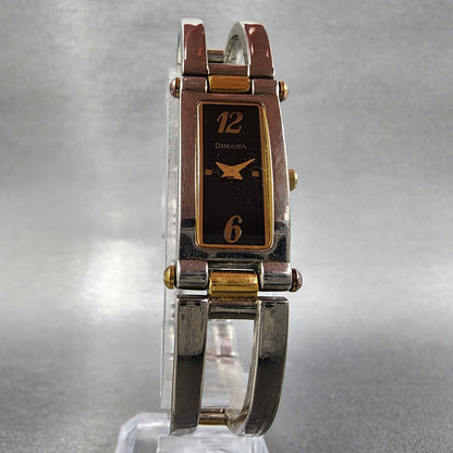 Bulova Watch Women 14mm Black Dial Two Tone Rectangle 98T18 New Battery5