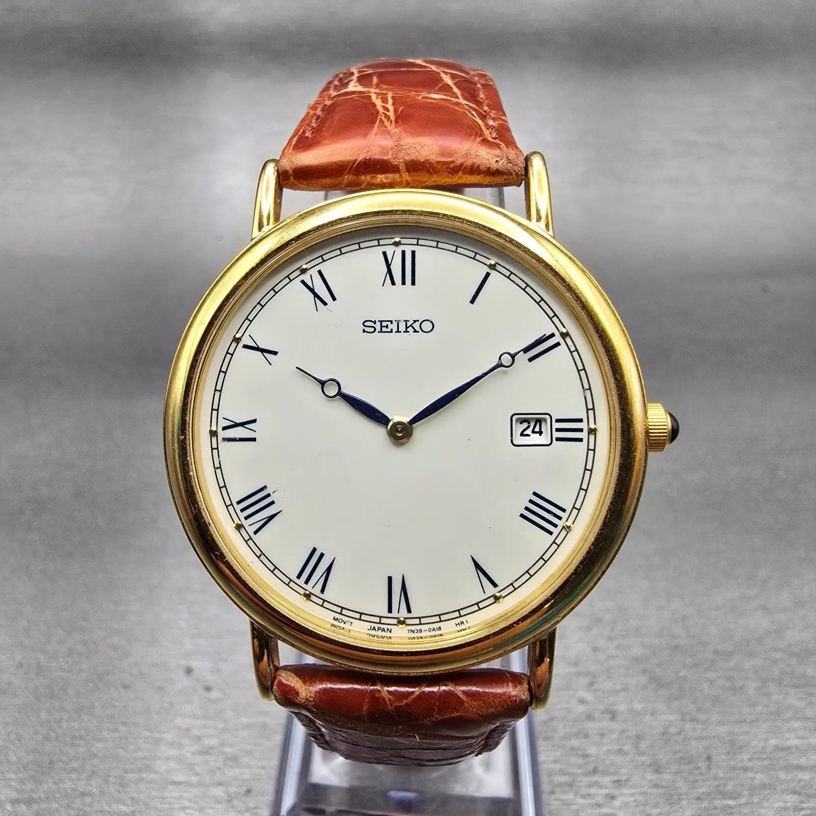 Seiko Watch Men 34mm White Dial Gold Tone Date Round 7N39-0A19 New Battery VTG H0