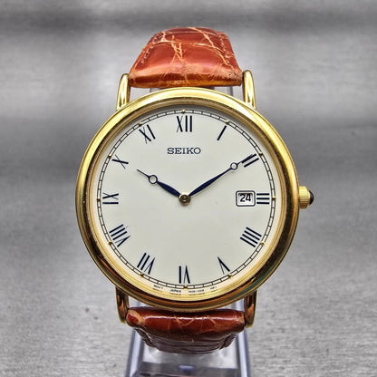 Seiko Watch Men 34mm White Dial Gold Tone Date Round 7N39-0A19 New Battery VTG H0