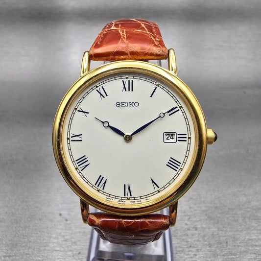 Seiko Watch Men 34mm White Dial Gold Tone Date Round 7N39-0A19 New Battery VTG H0