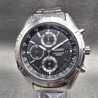 Seiko Chronograph Watch Men 42mm Black Dial Silver Tone Date 7T92-0LR0 New Batt0