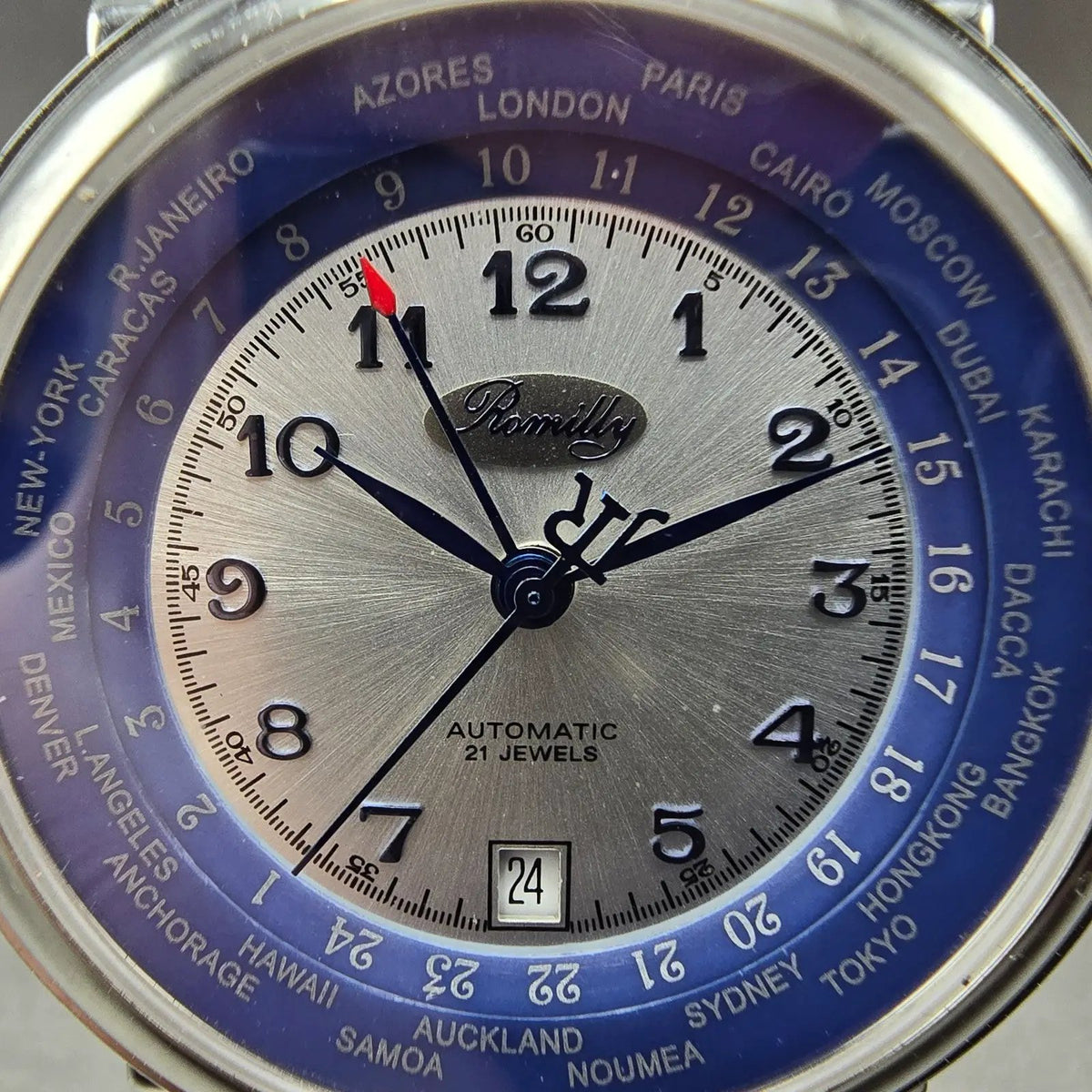 Romilly Automatic Watch Men 42mm Silver Dial Steel Date GMT Round 60504-406 Runs1