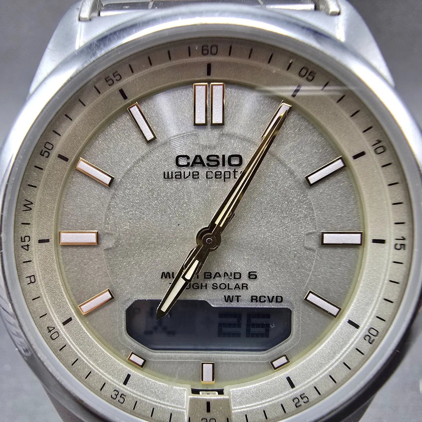 Casio Wave Ceptor Watch Men 42mm Champagne Dial Steel Solar Analog Digital Works1