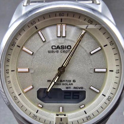 Casio Wave Ceptor Watch Men 42mm Champagne Dial Steel Solar Analog Digital Works1