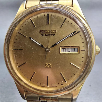 Seiko SQ Watch Men 35mm Gold Dial Gold Tone Daydate Round 5Y23-8049 New Battery1