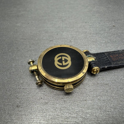 Gucci 2000L Watch Women 22mm Black Dial Gold Plated Round New Battery VTG UNIDQ10