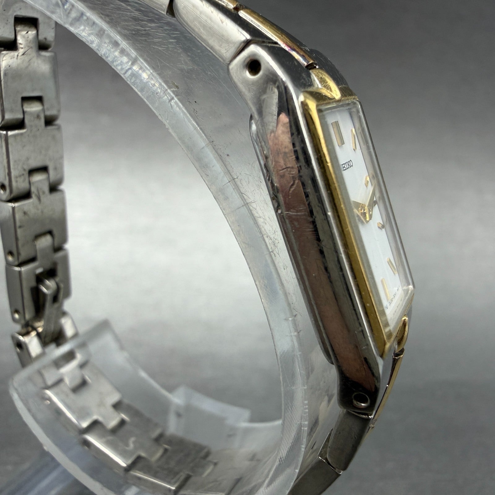 Seiko Tank Watch Women 13mm White Dial two Tone Rectangle 2E20-0AY0 New BatteryK3