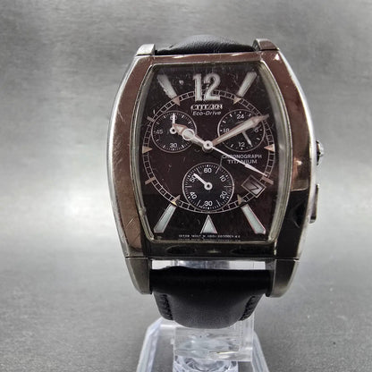 Citizen Eco-Drive Chronograph Watch Men 32mm Black Dial Titanium Date Runs KJKR5