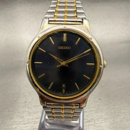 Seiko Watch Men 33mm Black Dial Two Tone Date Round V732-0090 New Battery VTG0